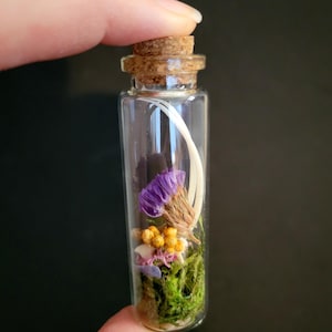 May include: A small, clear glass bottle with a cork stopper, filled with dried flowers and moss. The arrangement includes a purple flower, yellow buds, and green moss, creating a miniature botanical display. The bottle is held against a dark background.