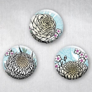 Graphic Asian Flower Drawings, Pinback Buttons, Lotus, Chrysanthemum, Peony, Contemporary Modern Original Art Design, 1.25 inch, Set of 3 image 1