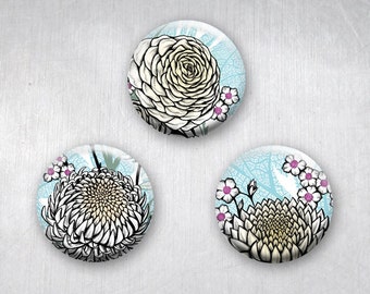 Graphic Asian Flower Drawings, Pinback Buttons, Lotus, Chrysanthemum, Peony, Contemporary Modern Original Art Design, 1.25 inch, Set of 3