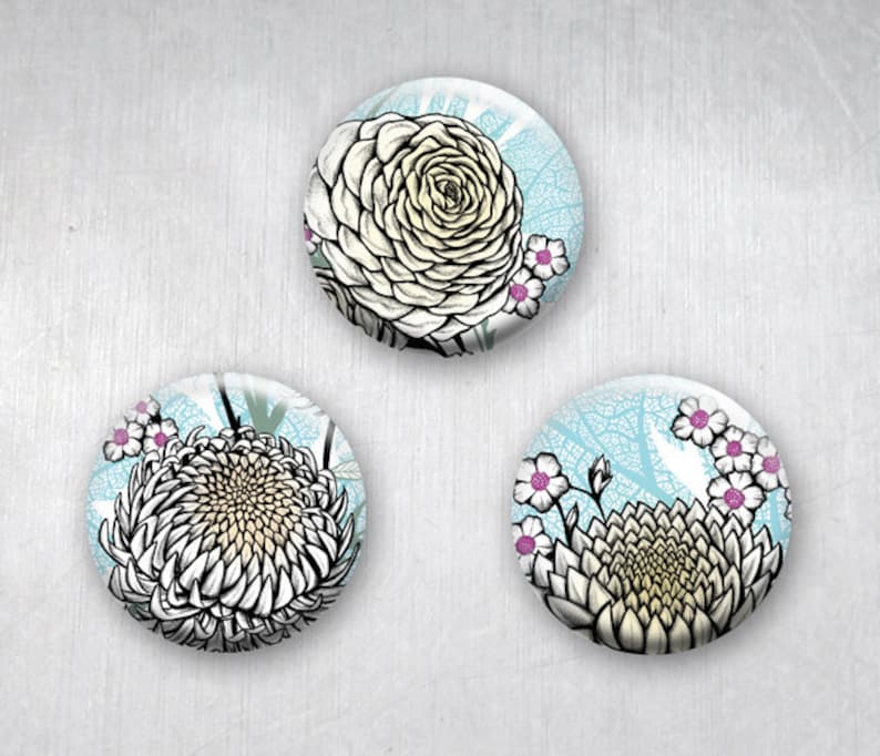 Graphic Asian Flower Drawings, Pinback Buttons, Lotus, Chrysanthemum, Peony, Contemporary Modern Original Art Design, 1.25 inch, Set of 3 image 1