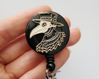 Plague Bird Mask Retractable Reel ID badge clip for work school, handmade vintage gothic raven badge reel, dark horror accessory gift