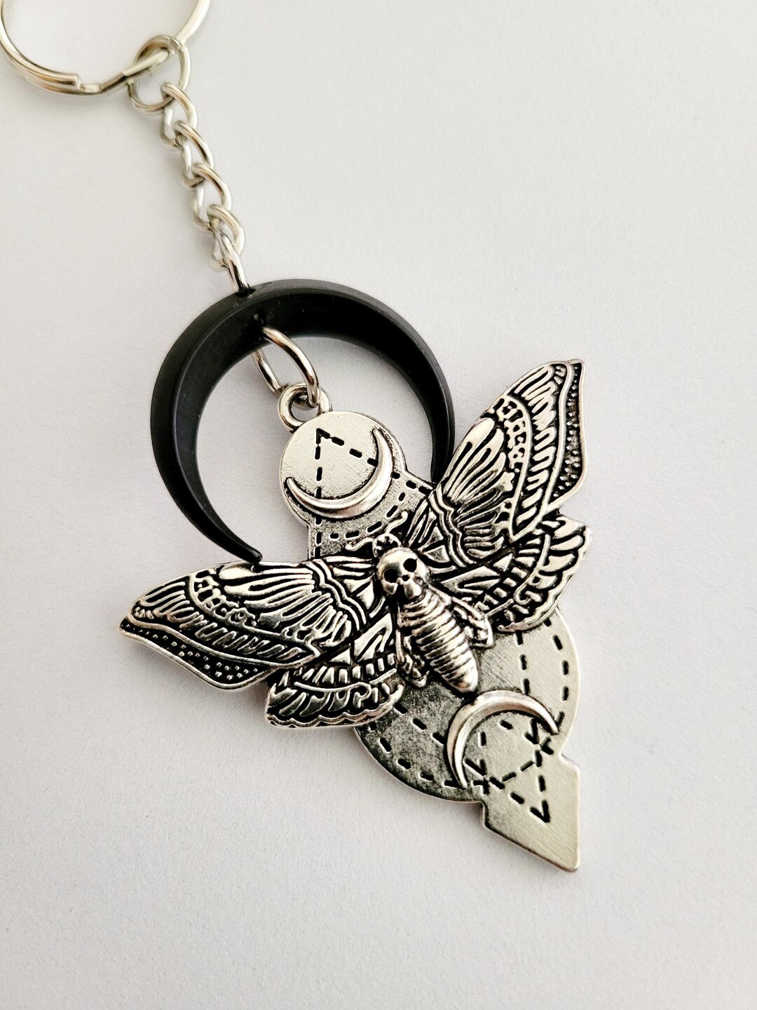 Grottemon Keychain Gothic Moth Moon Skull Keychain, Silver Butterfly Keychain, Macabre ...