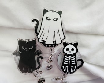 Spooky Cat Retractable Reel clip, handmade kitty ID badge holder, nurse work school badge reel, cute goth ghost devil skeleton bat cat gift