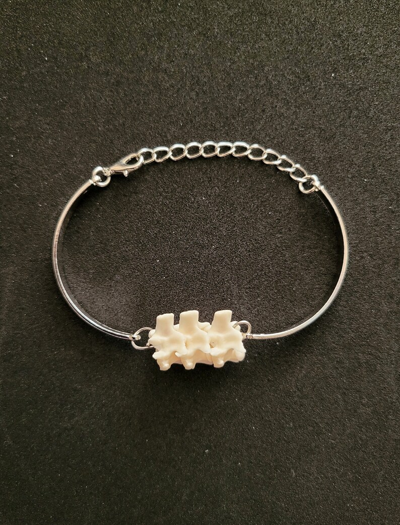 May include: A silver bracelet featuring three off-white vertebrae-shaped beads. The bracelet has an adjustable chain clasp. The background is a plain black.