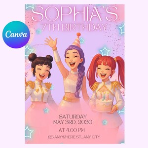 Puede incluir: Invitación digital para el 7º cumpleaños de Sofía, con tres chicas de dibujos animados con trajes blancos. La invitación incluye el texto "SOPHIA'S 7TH BIRTHDAY" y los detalles del evento: sábado 3 de mayo de 2030, a las 16:00, y la dirección.
