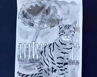 May include: A black and white ink drawing of a striped cat sitting in front of a fence and a tree. The cat is looking directly at the viewer. The drawing is on a white background.