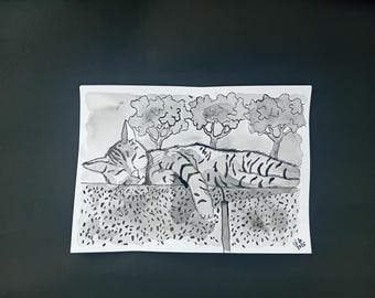 May include: Black and white ink drawing of a cat sleeping under a tree. The cat is lying on its side with its head resting on its paws. The tree has three branches and leaves. The background is a light gray.
