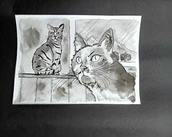 May include: A black and white ink drawing of two cats. One cat is sitting on a ledge, looking to the right. The other cat is looking out a window, with a mountain range in the background.