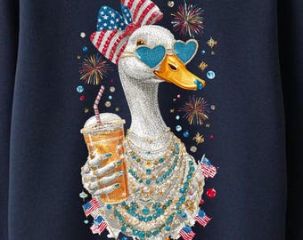 Patriotic Duck PNG 4th of July Bling Goose Clipart American Flag Sublimation Instant Download