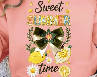 Sweet Summer Time PNG Embroidery Style Lemon Bow Clipart Cottagecore Sublimation Instant Download