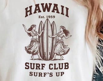 Hula Girl PNG, Hawaii Surf Club Clipart, Vintage Hawaiian Surf Design, Retro Beach Graphic, Sublimation PNG, Instant Download