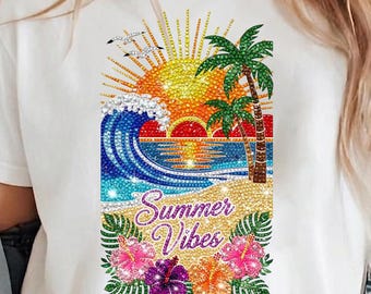 Summer Vibes PNG Bling Beach Sunset Clipart Rhinestone Tropical Sublimation Instant Download