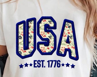USA Est 1776 PNG Floral Embroidery Style Clipart Patriotic 4th of July Sublimation Instant Download