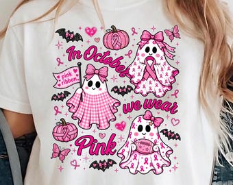 In October We Wear Pink PNG Breast Cancer Ghost Ribbon Pumpkin Halloween Awareness Clipart Sublimation Instant Download