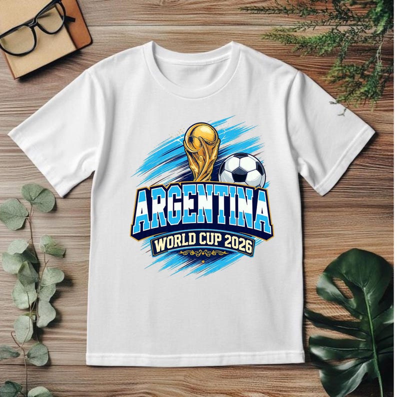 May include: White t-shirt featuring a gold trophy, soccer ball, and the text "ARGENTINA WORLD CUP 2026" in blue and white. The design includes blue brushstroke accents, perfect for soccer fans.