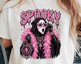 Spooky PNG Glam Scream Ghost Pink Fur Coat Rhinestone Heart Sunglasses Halloween Clipart Sublimation Instant Download