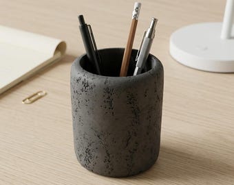 Porta-canetas minimalista em concreto | Organizador de mesa para lápis com textura cinza | Vaso para suculentas