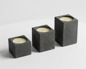 Concrete Tealight Candle Holders, Minimalist Column Cement Tea Light | Handmade Candleholder Set