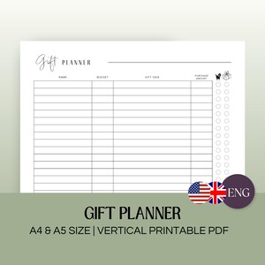 Op de afbeelding: Een printbare cadeauplanner met kolommen voor naam, budget, cadeau-idee en aankoopbedrag. Er zijn vinkjes om gekochte cadeaus te markeren. De planner is gelabeld met "Gift Planner" en "A4 & A5 Size | Vertical Printable PDF".
