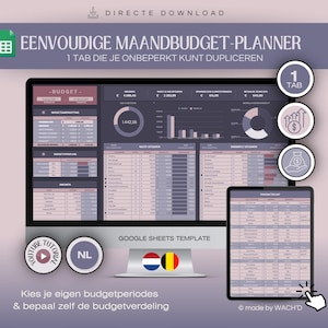 Op de afbeelding: Een digitale budgetplanner-sjabloon weergegeven op een computermonitor en tablet. Het scherm toont financiële gegevens, grafieken en tabellen. Tekst omvat "EENVOUDIGE MAANDBUDGET-PLANNER" en "GOOGLE SHEETS TEMPLATE". De afbeelding bevat ook pictogrammen en een hand die op de tablet klikt.