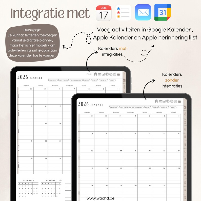 May include: Two digital calendar displays, one larger than the other, showing a monthly view for January 2026. The image includes text about calendar integrations with Google Calendar and Apple Calendar. A date of July 17 is highlighted.