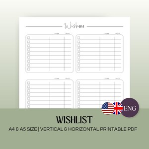 Wunschliste | A4 & A5 Druckbares PDF | Budgetplaner | Druckbarer Planer | Sparziele | Geschenk-Tracker | Wunschliste zum Ausdrucken