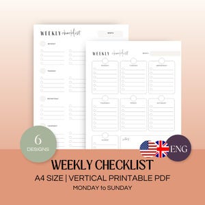 Op de afbeelding: Printbare wekelijkse checklist in A4-formaat, met een verticale lay-out. De checklist is verdeeld in zeven secties, één voor elke dag van de week, van maandag tot zondag. Elke sectie heeft een cirkel bovenaan en ruimte om taken te schrijven. De checklist is ontworpen voor eenvoudige organisatie en planning.