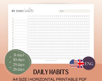 Daily Habits | Habit Tracker | Printable Habit Tracker | A4 Printable PDF | Habit Tracker | Monthly habit tracker | Monthly planner