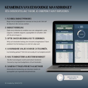 May include: A laptop screen displaying a budget planner with the title "KENMERKEN VAN EENVOUDIGE MAANDBUDGET" and a list of features, including flexible budget periods, budget allocation, and a beginning balance option. The screen also shows a sample budget table with categories for income, expenses, and savings.