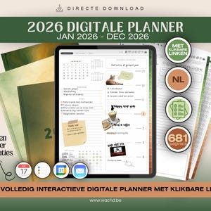 Op de afbeelding: Een digitale planner voor 2026 op een tablet, met de tekst "2026 Digitale Planner" en "Jan 2026 - Dec 2026". De afbeelding bevat extra pagina's en pictogrammen, met de tekst "Een volledig interactieve digitale planner met klikbare links".