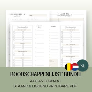 May include: A printable grocery list bundle in A4 and A5 format. The bundle includes a large grocery list, a smaller grocery list, a to-do list, and a list for toiletries and cosmetics. The lists are in Dutch and feature a Dutch flag.
