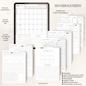 May include: Digital planner with a 2026 calendar view, various tracker pages, and the text "MAANDKALENDERS." The planner includes sections for monthly planning, habit tracking, self-care, and budget management. The website www.wachd.be is visible.
