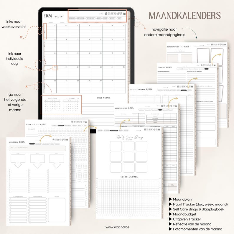 May include: Digital planner with a 2026 calendar view, various tracker pages, and the text "MAANDKALENDERS." The planner includes sections for monthly planning, habit tracking, self-care, and budget management. The website www.wachd.be is visible.