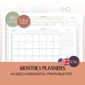 Op de afbeelding: Printbare maandelijkse planner in A4-formaat met een horizontale lay-out. De planner heeft een kalenderrooster met ruimte voor dagelijkse taken, prioriteiten en takenlijsten. De planner is verkrijgbaar in 10 kleuren en is verkrijgbaar in versies van 5 en 6 weken.