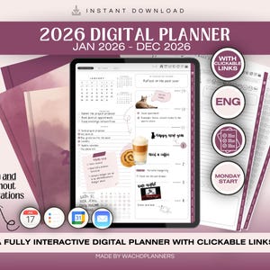 Op de afbeelding: Een digitale planner voor 2026, weergegeven op een tablet, met de tekst "2026 DIGITAL PLANNER" en "JAN 2026 - DEC 2026". De afbeelding bevat klikbare links, kalenderpagina's en een koffie-illustratie. De planner is volledig interactief.