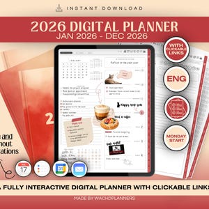 Op de afbeelding: Een digitale planner voor 2026, weergegeven op een tablet, met klikbare links. De planner bevat een kalender, notities en integratie-opties. De afbeelding toont ook een rood notitieboek en extra plannerpagina's. Tekst omvat "2026 Digital Planner" en "Instant Download".
