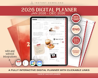Digital Planner 2026 | Hyperlinked PDF Planner | iPad Planner for GoodNotes & Notability | Dated Digital Calendar