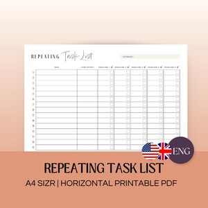 Puede incluir: Una lista de tareas repetitivas imprimible en formato A4 horizontal con una sección de categoría, una sección de tarea, una sección de frecuencia y cinco secciones de fecha límite con casillas de verificación. El documento está en blanco y negro.