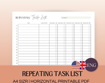 Repeating Task List | A4 Printable PDF | Printable Planner | Returning ...