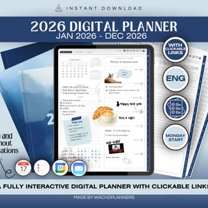 Op de afbeelding: Een digitale planner voor 2026, weergegeven op een tablet, met klikbare links. De planner bevat kalenderpagina's, takenlijsten en notities. De afbeelding toont ook extra pagina's en pictogrammen. De tekst bevat "2026 Digital Planner" en "Instant Download".