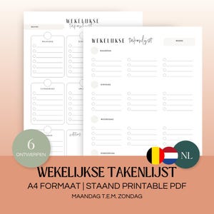 Op de afbeelding: Een printbare wekelijkse takenlijst sjabloon in A4-formaat. De sjabloon is ontworpen om in portretoriëntatie te worden afgedrukt en bevat een sectie voor elke dag van de week, van maandag tot zondag. De sjabloon is in het Nederlands en heeft een Nederlandse vlag.