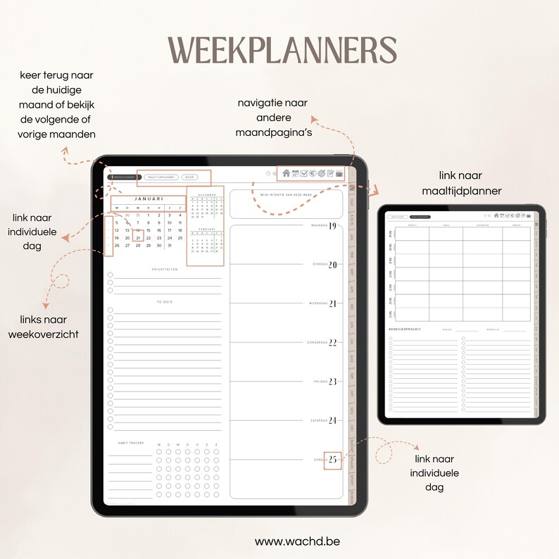 May include: Two digital tablets displaying a digital planner. The main tablet shows a weekly layout with a calendar for January, to-do lists, and navigation links. The second tablet displays a meal planner. Text on the image reads "WEEKPLANNERS" and "www.wachd.be".