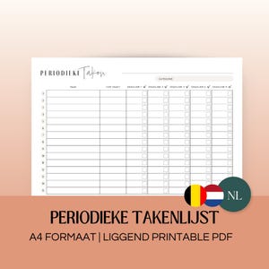 Op de afbeelding: Een printbare checklist in liggende vorm met de titel "PERIODIEKE TAKEN" in zwarte tekst. De checklist heeft kolommen voor taak, hoe vaak en vijf deadlines. De checklist is in het Nederlands en heeft de Nederlandse vlag en de Belgische vlag.