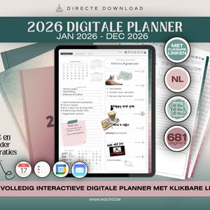 Pode incluir: Um planejador digital para 2026, exibido em um tablet, com o texto "2026 DIGITALE PLANNER JAN 2026 - DEC 2026". A imagem inclui um caderno rosa e outras páginas do planejador. O planejador tem links interativos e está disponível em holandês.