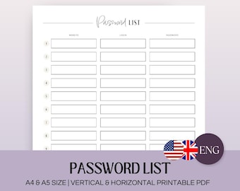 Password List | A4 & A5 Printable PDF | Printable Planner | Passwordlog ...