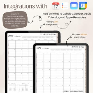 May include: Digital planner interface with calendar view, featuring the text "Integrations with" and "Add activities to Google Calendar, Apple Calendar, and Apple Reminders." Two tablets display calendar layouts, one with integrations and one without.