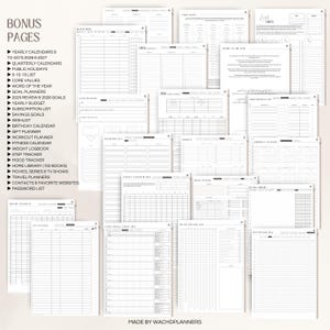 May include: A collection of printable planner pages with various layouts, including calendars, goal trackers, and lists. The pages are in shades of white and beige, with text such as "Yearly Calendars," "Goal Planners," and "Subscription List." The phrase "Bonus Pages" is at the top.