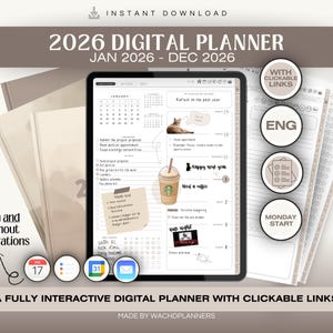 Op de afbeelding: Een digitale planner voor 2026, weergegeven op een tablet, met een kalender en takenlijst. De afbeelding bevat de tekst "2026 DIGITAL PLANNER" en "A FULLY INTERACTIVE DIGITAL PLANNER WITH CLICKABLE LINKS". Extra pagina's en pictogrammen zijn ook zichtbaar.