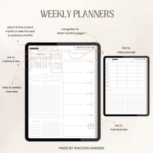 May include: Digital weekly planners displayed on two tablets. The main tablet shows a January calendar, to-do lists, and event trackers. The second tablet displays a meal planner. Text includes "WEEKLY PLANNERS" and "MADE BY WACHDPLANNERS".