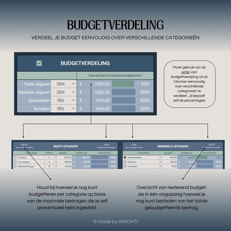 May include: A chart titled "Budgetverdeling" in Dutch, which translates to "Budget Allocation" in English, shows how to divide a budget into four categories: fixed expenses, variable expenses, savings, and debt. The chart includes a table with percentages and amounts for each category. The chart also includes a section on how to use the budget allocation tool and how to track remaining budget.